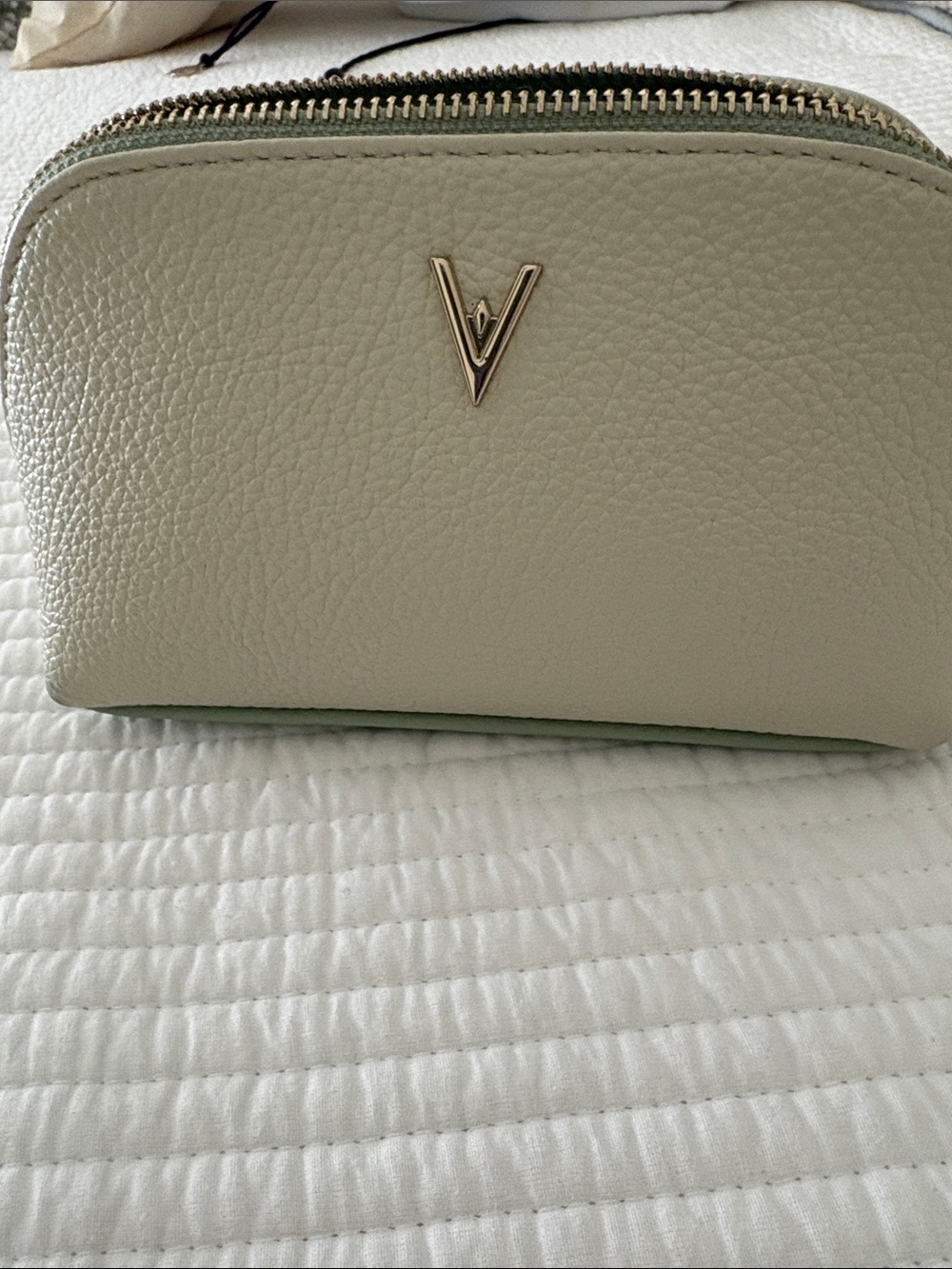 Luxury Pebbled Cosmetic Pouch in Cream with Gold V Logo